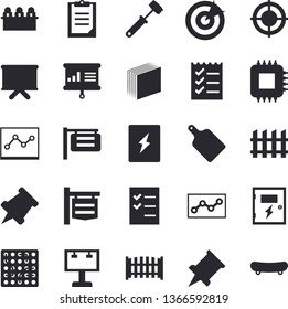 Solid vector icon set - switch box flat vector, fence, meat hammer, cutting board, motherboard, signboard, billboard, flipchart, clipboard, sticker, point diagram, to do list, target, meeting