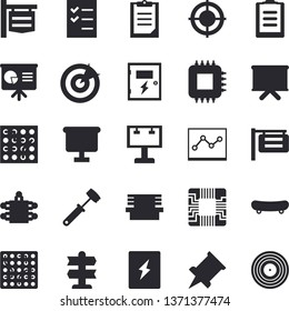 Solid vector icon set - switch box flat vector, meat hammer, bench, motherboard, signboard, billboard, flipchart, clipboard, point diagram, to do list, target, meeting, presentaition board, pushpin