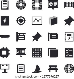 Solid vector icon set - switch box flat vector, fence, bench, motherboard, signboard, billboard, clipboard, chart, sticker, point diagram, to do list, target, presentaition board, pushpin