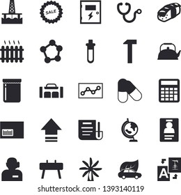 Solid vector icon set - switch box flat vector, hammer, teapot, sashimi, jam, oil production platform, windmill, eco cars, radiator, sell out, barcode, stethoscope, molecules, document, badge, globe
