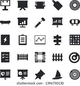 Solid vector icon set - switch box flat vector, fence, meat hammer, cutting board, bench, motherboard, billboard, flipchart, clipboard, chart, point diagram, to do list, target, presentaition