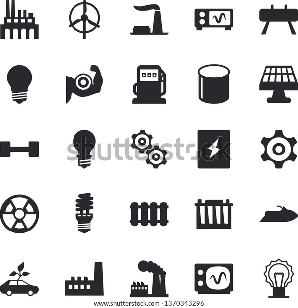 Solid\
vector icon set - switch box flat vector, heating batteries, solar\
battery, refueling, factory, accumulator, lamp, manufactory, plant,\
radiation, energy saving, eco cars, pipe\
production