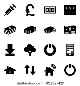 Solid vector icon set - syringe vector, pound, dollar, cash, download, upload cloud, standby, mobile, home, up down arrows, wireless, button