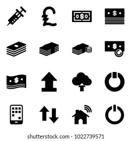Solid vector icon set - syringe vector, pound, dollar, cash, uplooad, upload cloud, standby, mobile, up down arrows, wireless home, button