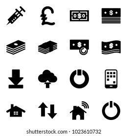 Solid vector icon set - syringe vector, pound, dollar, cash, download, upload cloud, standby, mobile, home, up down arrows, wireless, button