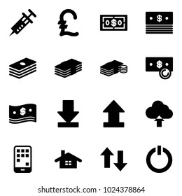 Solid vector icon set - syringe vector, pound, dollar, cash, download, uplooad, upload cloud, mobile, home, up down arrows, standby button