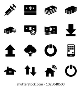 Solid vector icon set - syringe vector, dollar, cash, download, uplooad, upload cloud, standby, mobile, home, up down arrows, wireless, button
