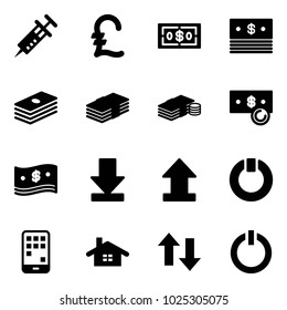 Solid vector icon set - syringe vector, pound, dollar, cash, download, uplooad, standby, mobile, home, up down arrows, button