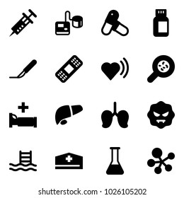 Solid vector icon set - syringe vector, tonometer, pills, bottle, scalpel, medical patch, heart beat, bacteria, hospital bed, liver, lungs, virus, pool, doctor hat, flask, molecule