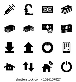 Solid vector icon set - syringe vector, pound, dollar, cash, download, uplooad, standby, mobile, home, up down arrows, wireless, button
