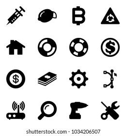 Solid vector icon set - syringe vector, lemon, bitcoin, round motion road sign, home, lifebuoy, dollar, gear, bezier, wi fi router, magnifier, drill, wrench screwdriver