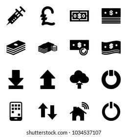 Solid vector icon set - syringe vector, pound, dollar, cash, download, uplooad, upload cloud, standby, mobile, up down arrows, wireless home, button
