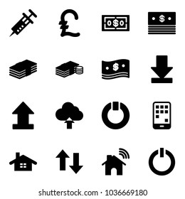 Solid vector icon set - syringe vector, pound, dollar, cash, download, uplooad, upload cloud, standby, mobile, home, up down arrows, wireless, button