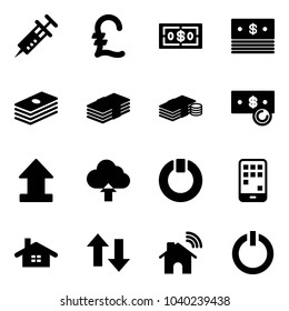 Solid vector icon set - syringe vector, pound, dollar, cash, uplooad, upload cloud, standby, mobile, home, up down arrows, wireless, button