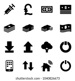Solid vector icon set - syringe vector, pound, dollar, cash, download, uplooad, upload cloud, standby, mobile, up down arrows, wireless home, button
