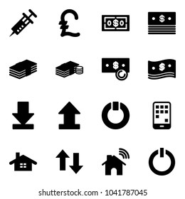 Solid vector icon set - syringe vector, pound, dollar, cash, download, uplooad, standby, mobile, home, up down arrows, wireless, button