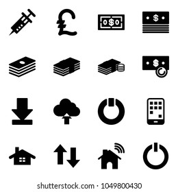 Solid vector icon set - syringe vector, pound, dollar, cash, download, upload cloud, standby, mobile, home, up down arrows, wireless, button