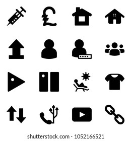 Solid vector icon set - syringe vector, pound, home, uplooad, user, password, group, play, pause, beach, t shirt, up down arrows, phone, playback, link