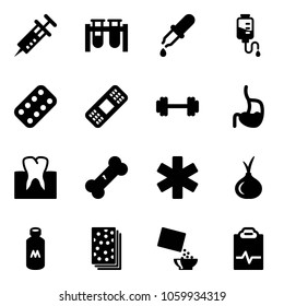 Solid vector icon set - syringe vector, vial, pipette, drop counter, pills blister, medical patch, barbell, stomach, tooth, broken bone, ambulance star, onion, milk, breads, cereal, pulse clipboard