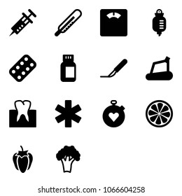 Solid vector icon set - syringe vector, thermometer, floor scales, drop counter, pills blister, bottle, scalpel, treadmill, tooth, ambulance star, stopwatch heart, lemon slice, sweet pepper