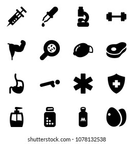 Solid vector icon set - syringe vector, pipette, lab, barbell, power hand, bacteria, lemon, meat, stomach, push ups, ambulance star, liquid soap, pills bottle, milk, eggs