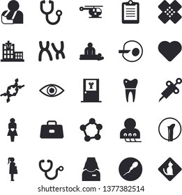 Solid Vector Icon Set - Syringe Flat Vector, Heart, Hospital, Stethoscope, Clipboard, Briefcase, Massage, Injury, Eye, Patch, Diagnostics, Helicopter, Gestation, Nurse, DNA, Chromosomes, Molecules