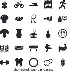 Solid vector icon set - table setting flat vector, jugful, chop, spaghetti on a fork, mushroom, sashimi, ear, seeds, pond, diagnostics, tooth, dumbbell, muscles, bicycle, skipping rope, pear, run