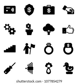 Solid vector icon set - tap pay vector, safe, money case, card, gear, flower pot, upload cloud, finger up, stairs, win, diamond ring, screwdriver, allen key set, beanbag, toy duck