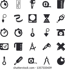 Solid vector icon set - tape measure flat vector, construction plummet, weighing machine, meashuring cup, spring balance, stopwatch, temperature, thermometer, trammel, dividers, oscilloscope