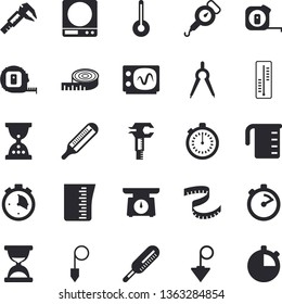 Solid vector icon set - tape measure flat vector, construction plummet, weighing machine, meashuring cup, spring balance, stopwatch, temperature, thermometer, trammel, dividers, oscilloscope