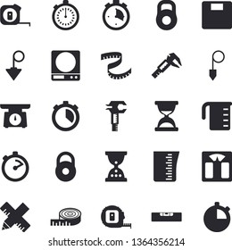 Solid vector icon set - tape measure flat vector, level meter, construction plummet, weighing machine, meashuring cup, stopwatch, trammel, weight, centimeter, hourglass