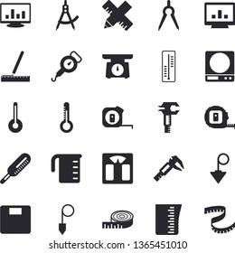 Solid vector icon set - tape measure flat vector, construction plummet, weighing machine, meashuring cup, spring balance, temperature, thermometer, trammel, dividers, computer chart, centimeter