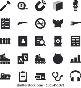 Solid vector icon set - tape measure flat vector, heating batteries, meat hammer, coffee machine, food processor, saw, knife, butterflies, oil tanks, energy saving lamp, magnet, stethoscope, sticker
