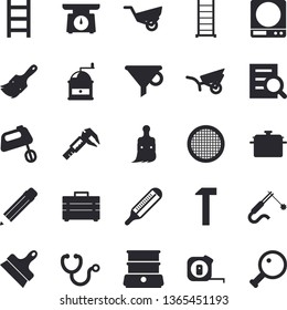 Solid vector icon set - tape measure flat vector, tool bag, ladder, paint brush, putty knife, hammer, saucepan, weighing machine, coffee grinder, mixer, double boiler, sieve, garden wheelbarrow