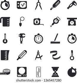 Solid vector icon set - tape measure flat vector, construction plummet, weighing machine, meashuring cup, spring balance, temperature, thermometer, trammel, dividers, oscilloscope, centimeter