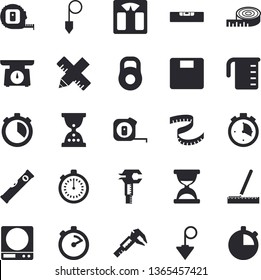 Solid vector icon set - tape measure flat vector, level meter, construction plummet, weighing machine, meashuring cup, stopwatch, trammel, weight, centimeter, hourglass