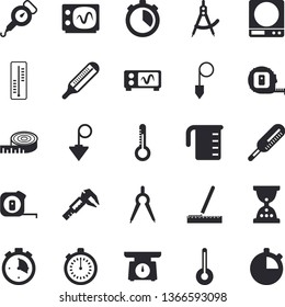Solid vector icon set - tape measure flat vector, construction plummet, weighing machine, measuring cup, spring balance, temperature, thermometer, trammel, dividers, oscilloscope, centimeter