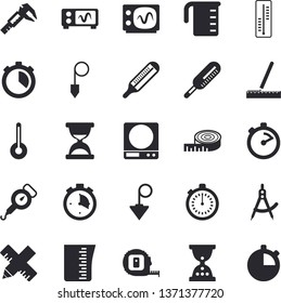 Solid vector icon set - tape measure flat vector, construction plummet, weighing machine, meashuring cup, spring balance, stopwatch, temperature, thermometer, trammel, dividers, oscilloscope