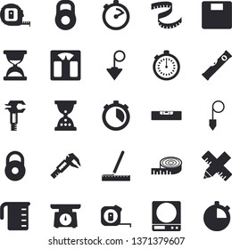 Solid vector icon set - tape measure flat vector, level meter, construction plummet, weighing machine, meashuring cup, stopwatch, trammel, weight, centimeter, hourglass