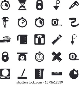 Solid vector icon set - tape measure flat vector, level meter, construction plummet, weighing machine, meashuring cup, stopwatch, trammel, weight, centimeter, hourglass