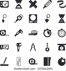 Solid vector icon set - tape measure flat vector, construction plummet, weighing machine, cup, spring balance, temperature, thermometer, trammel, dividers, oscilloscope, centimeter