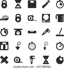 Solid vector icon set - tape measure flat vector, level meter, construction plummet, weighing machine, meashuring cup, stopwatch, trammel, weight, centimeter, hourglass