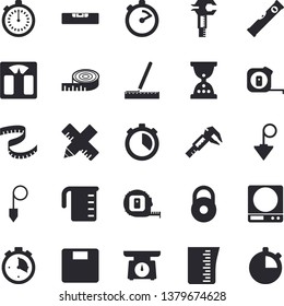 Solid vector icon set - tape measure flat vector, level meter, construction plummet, weighing machine, meashuring cup, stopwatch, trammel, weight, centimeter, hourglass