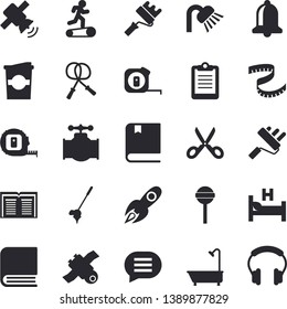 Solid vector icon set - tape measure flat vector, paint roller, shower, scissors, lollipop, coffe, main pipeline, rocket, clipboard, hospital bed, book, satellit, textbook, centimeter, skipping rope