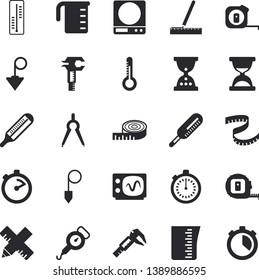Solid vector icon set - tape measure flat vector, construction plummet, weighing machine, meashuring cup, spring balance, stopwatch, thermometer, trammel, dividers, oscilloscope, centimeter