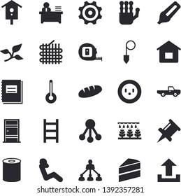 Solid vector icon set - tape measure flat vector, Entrance door, construction plummet, cake, temperature, bread, canned food, nesting box, pickup truck, sprinkling machine, ladder, tree leaf, socket