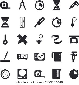 Solid vector icon set - tape measure flat vector, construction plummet, weighing machine, meashuring cup, temperature, thermometer, trammel, dividers, oscilloscope, centimeter, stopwatch, hourglass