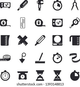 Solid vector icon set - tape measure flat vector, construction plummet, weighing machine, meashuring cup, spring balance, stopwatch, thermometer, dividers, trammel, oscilloscope, centimeter