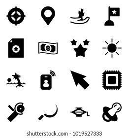 Solid vector icon set - target vector, map pin, hand sproute, flag, certificate, money, stars, sun, palm, identity card, cursor, cpu, Angular grinder, sickle, jack, soother