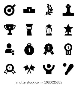 Solid vector icon set - target vector, pedestal, golden branch, winner, gold cup, award, medal, flags cross, success, baseball bat